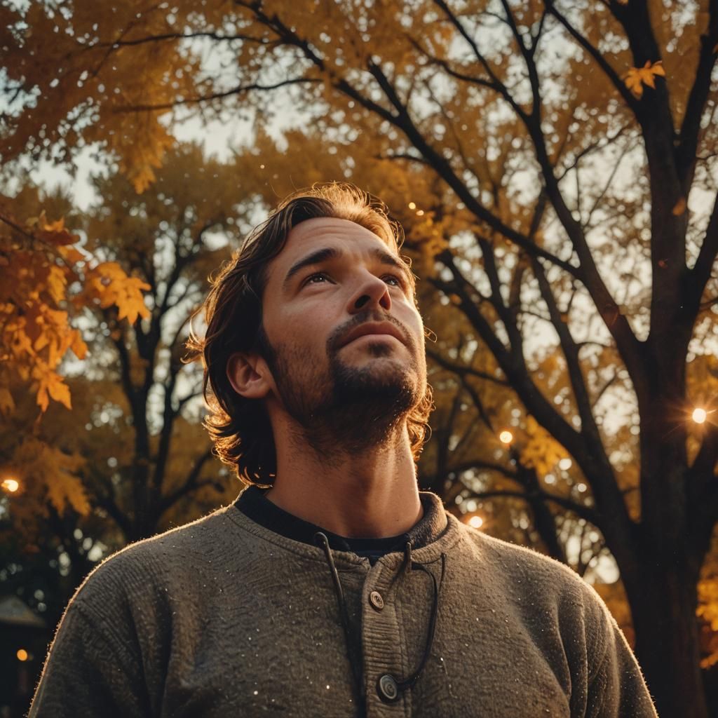 Man Gazing at Starry Sky in Golden Hour