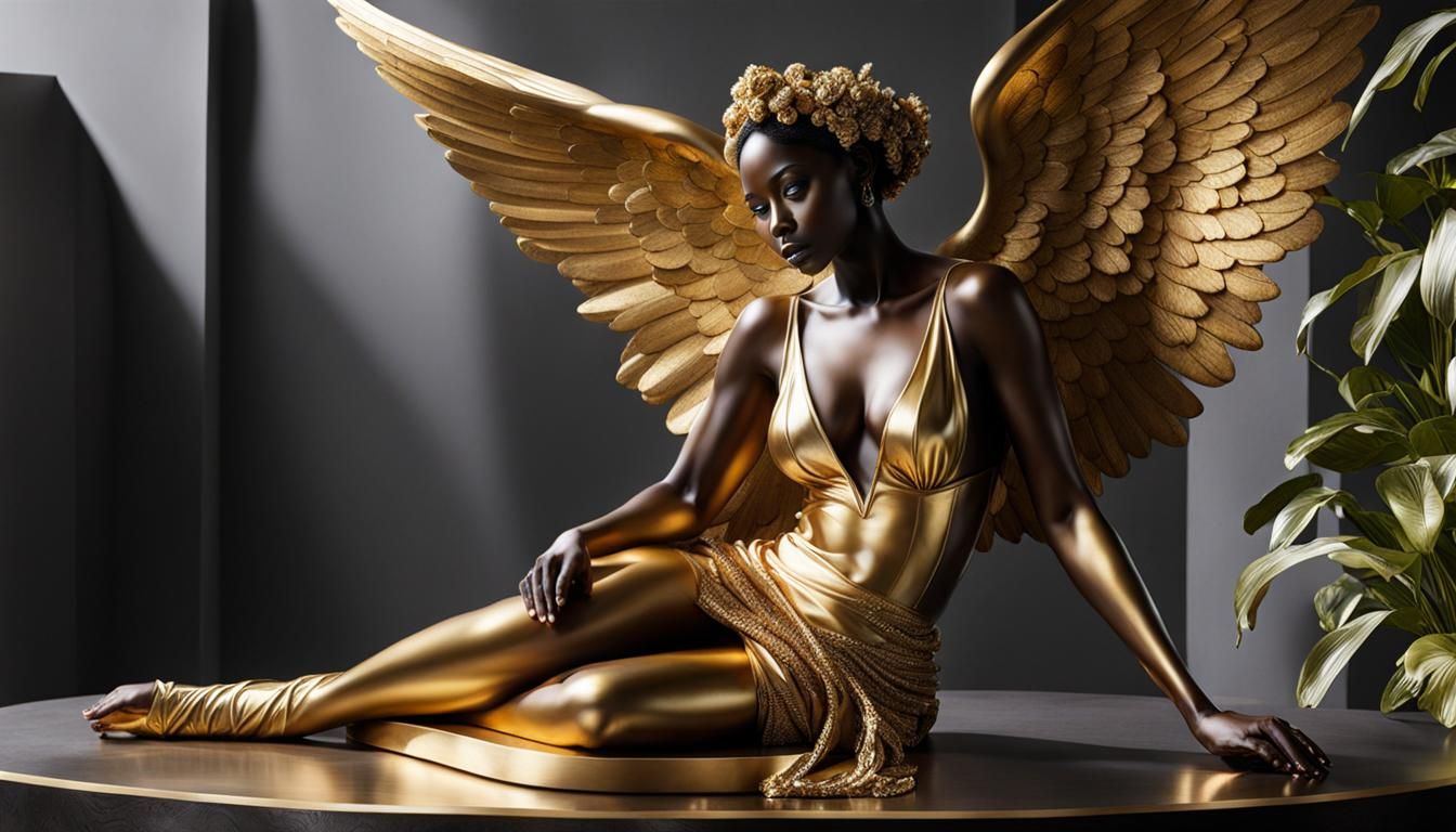 Golden Fallen Angel Statue in a Fantasy Garden