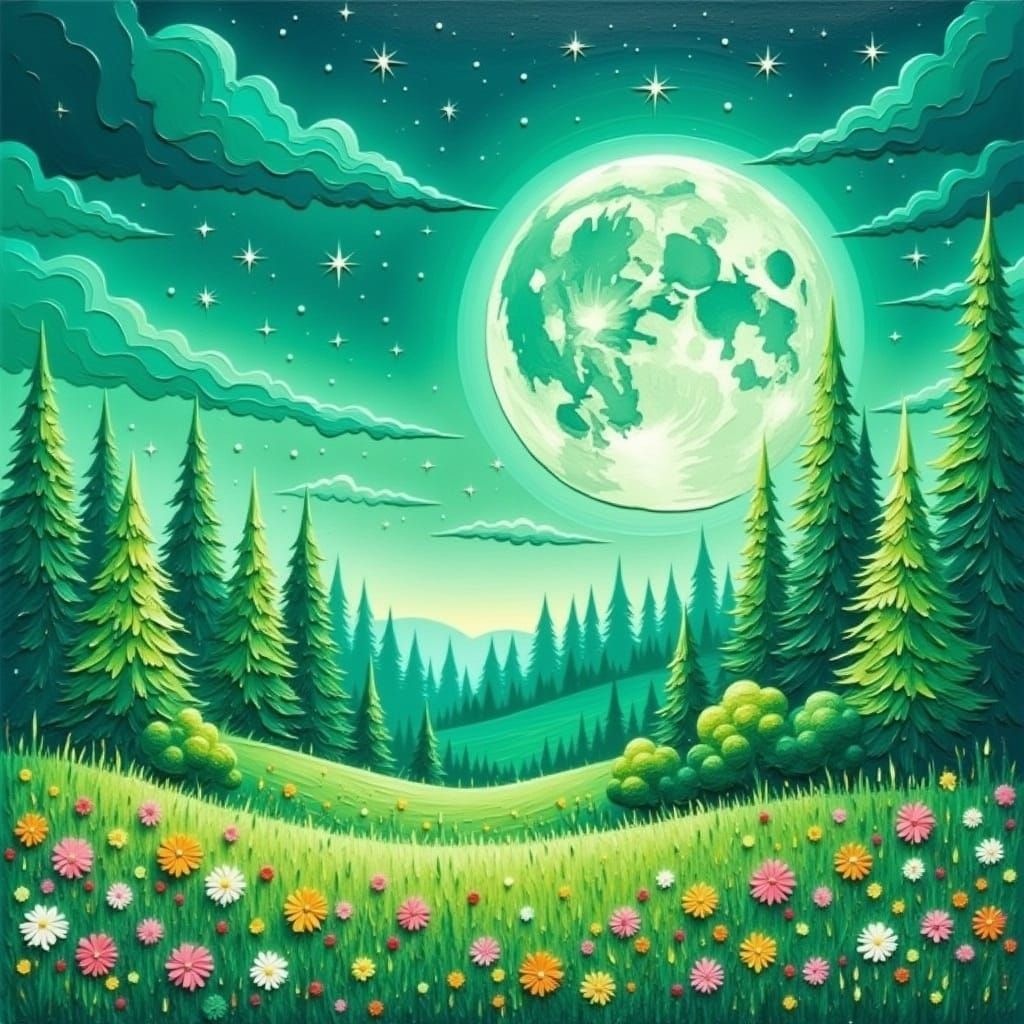 Green Field Under Green Moon with Flowers