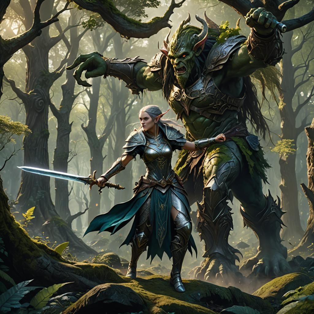 Elven Warrior Battles Troll: Fantasy Concept Art