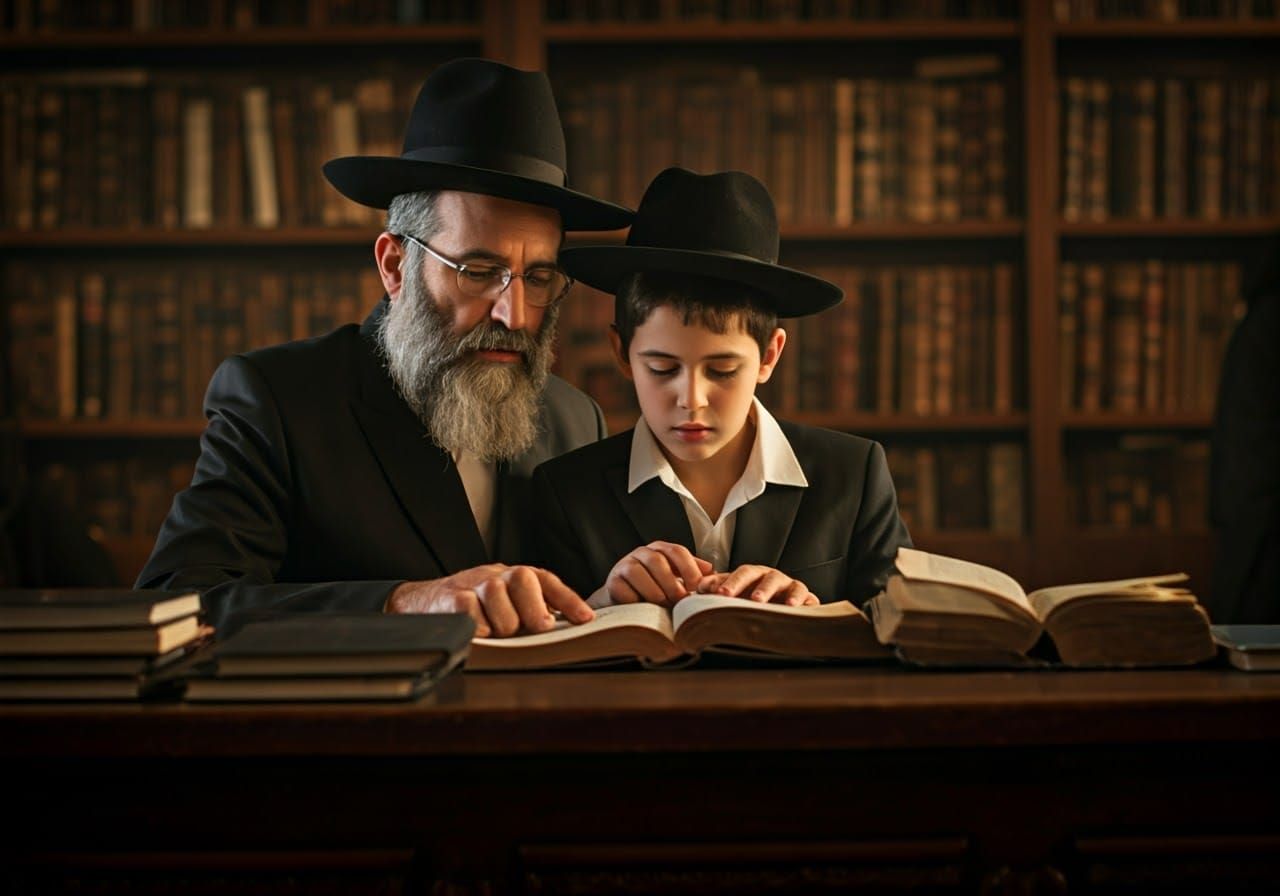 Hasidic Father and Son Study in Synagogue