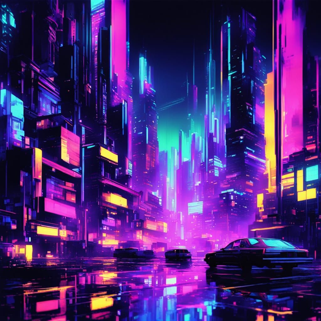 Cyberpunk City at Night in Glitch Art Style