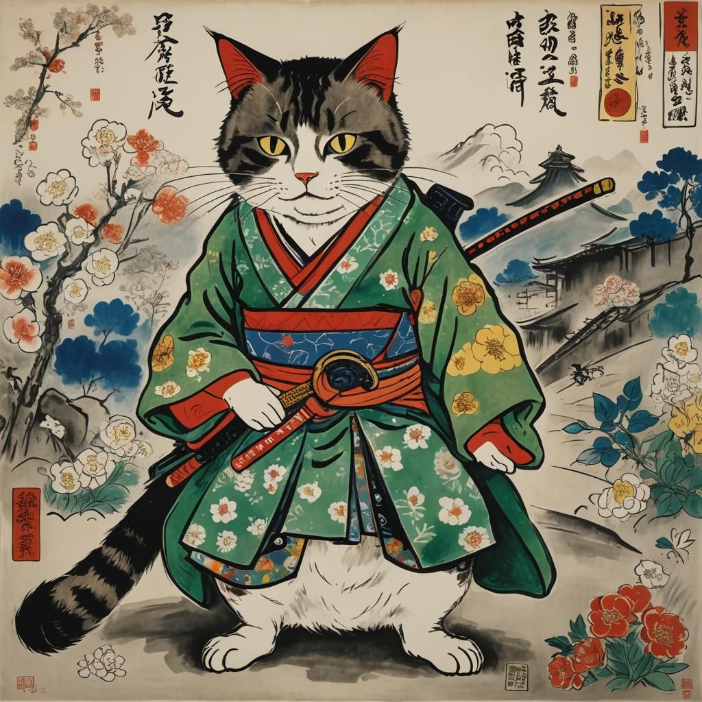 Samurai Cat in Ukiyo-e Style