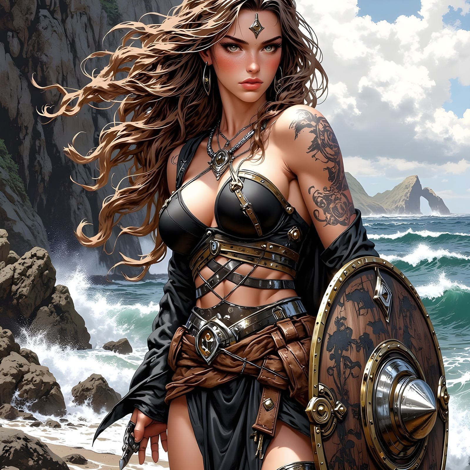 Norse Goddess Faces Storm on Rugged Cliff
