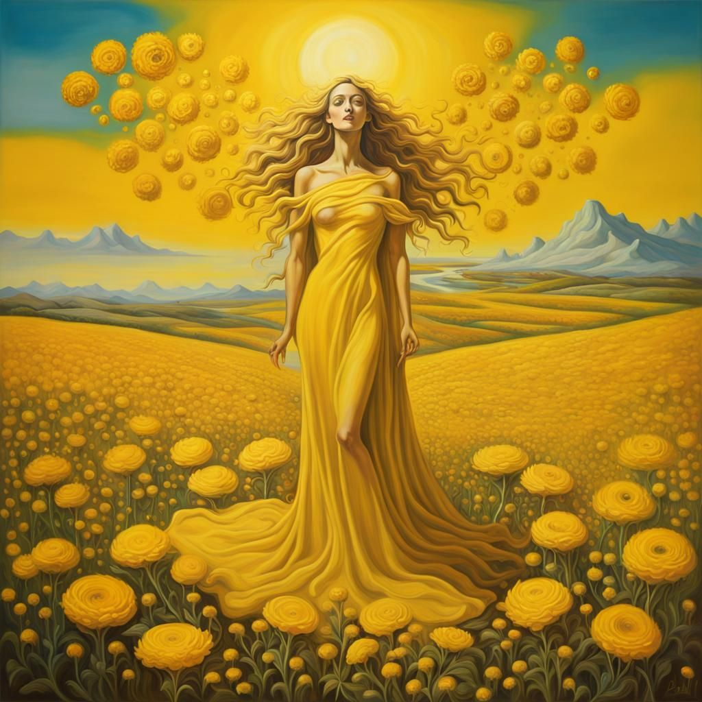 Golden Sun Goddess in Surrealist Flower Field