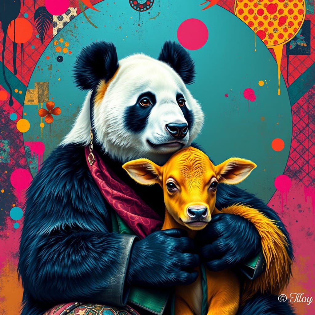 Vibrant Panda Bear and Calf Portrait in Hyperrealistic Pop A...