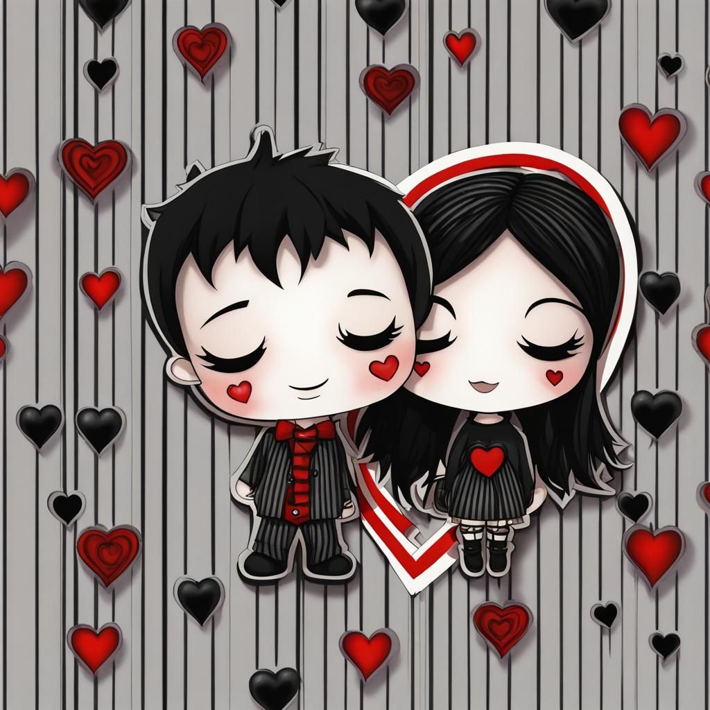 Chibi Goth Couple in Love with Gothic Hearts