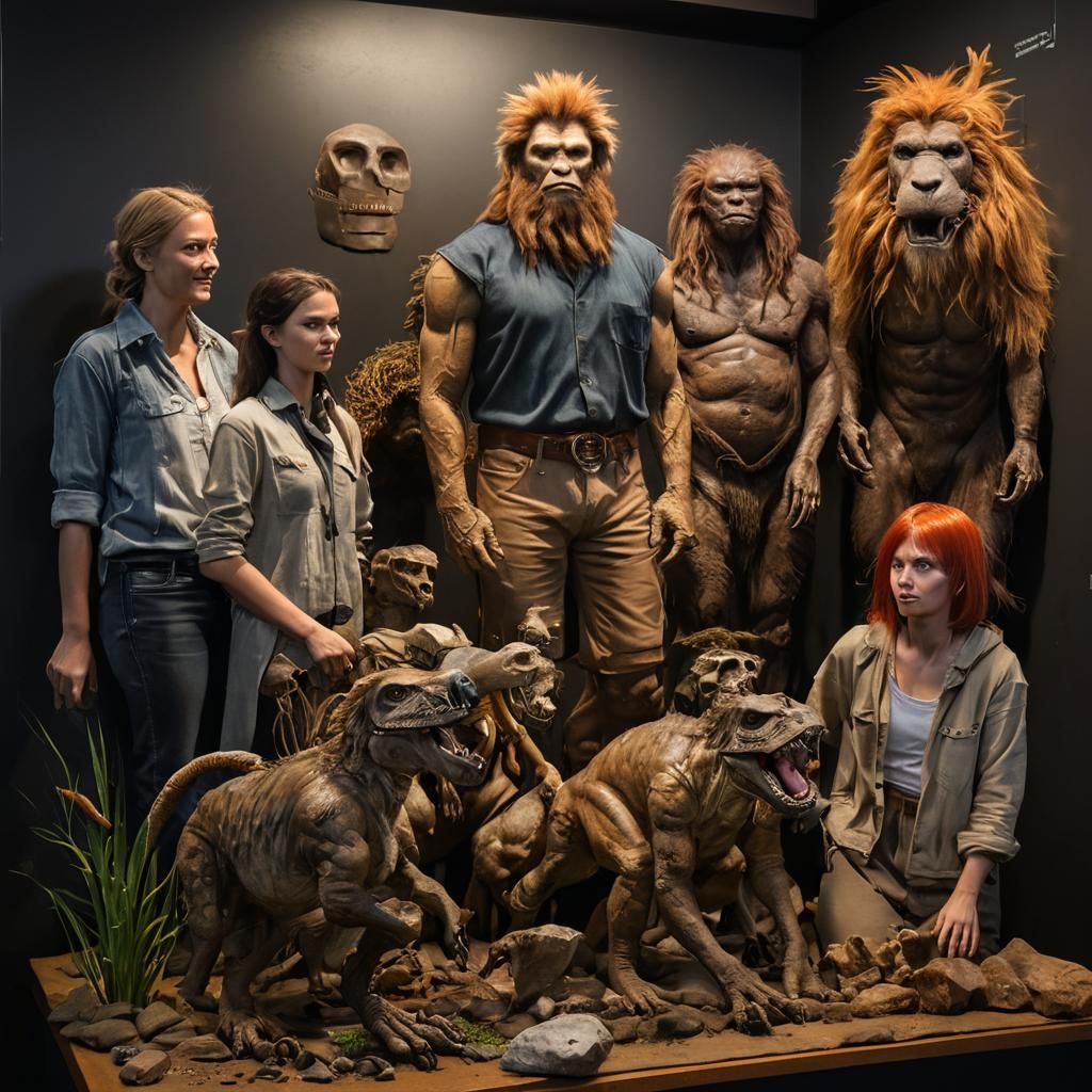 Extinct Humanoids Display: Museum Diorama of Diverse Species
