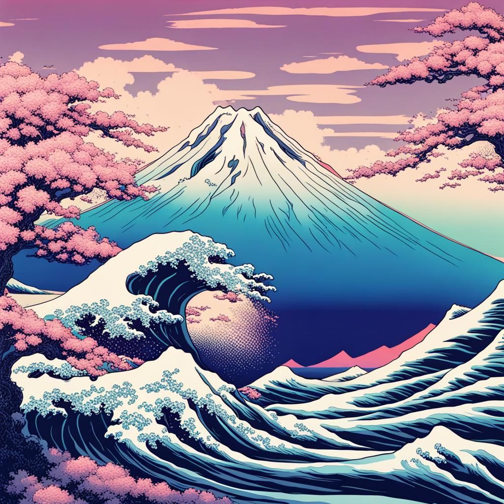 Vaporwave Hokusai Wave with Mount Fuji