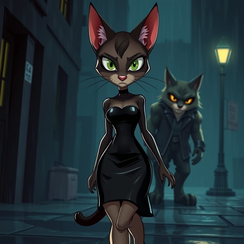 Surreal Cyberpunk Feline Noir Scene with Anxious Heroine