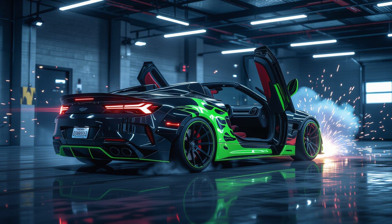 Black Sports Car Drifting in Industrial Garage