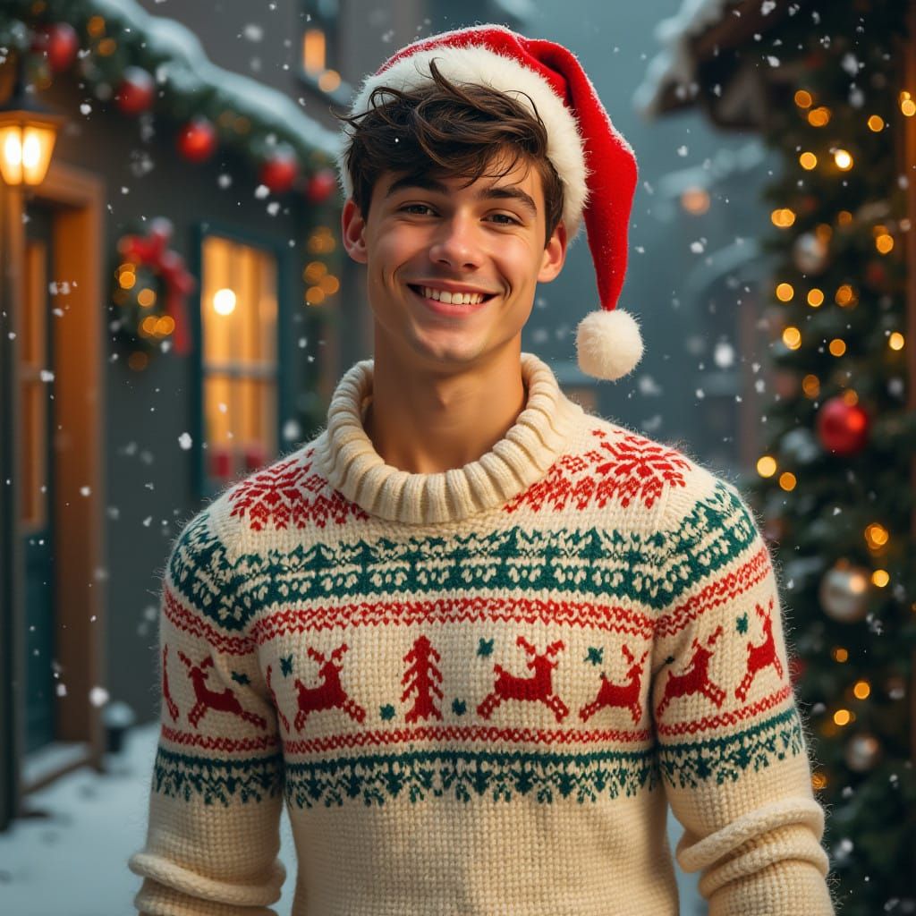 Charming Young Man Exudes Holiday Cheer in Winter Wonderland