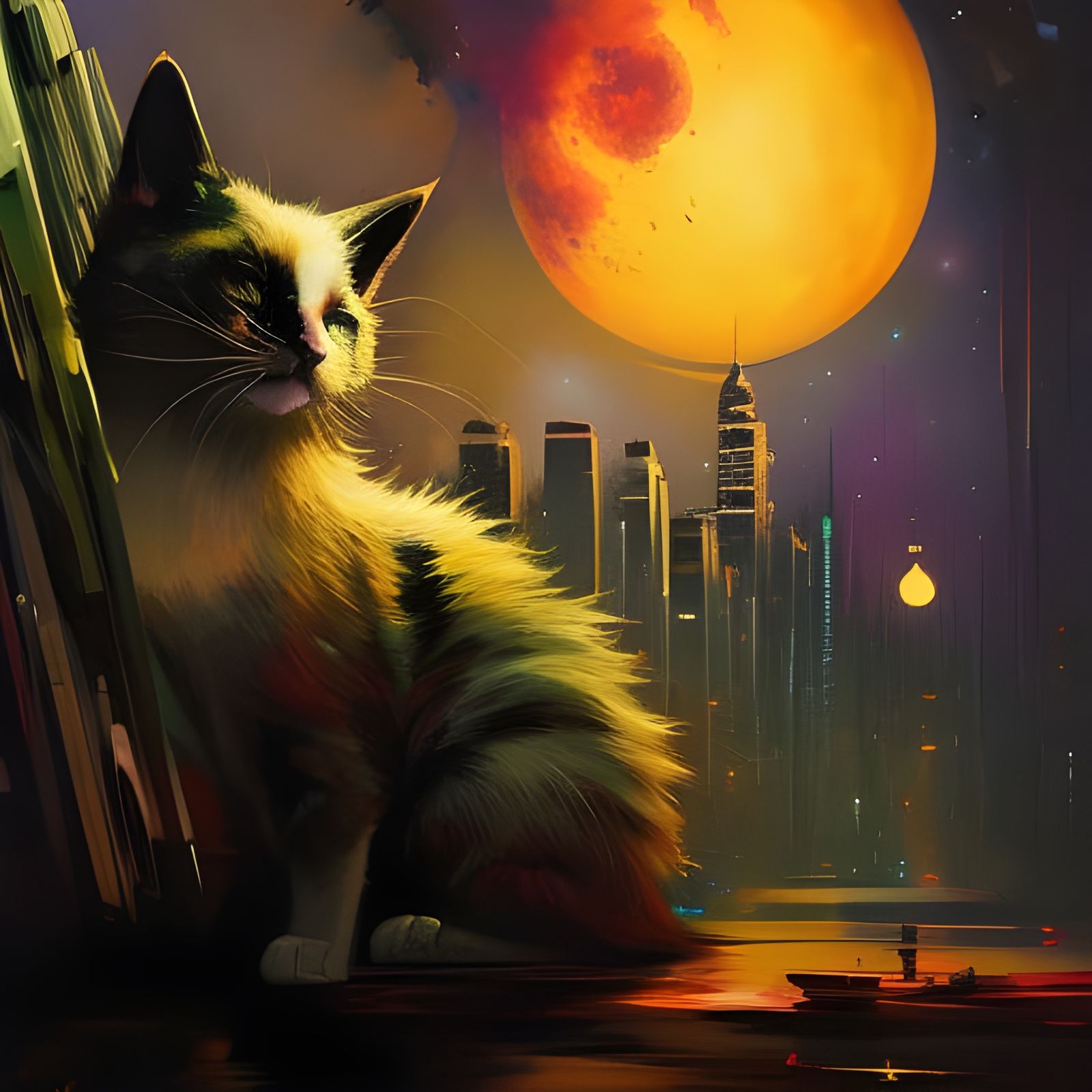 Cartoon Cat in Front of Luminous Moon Painting