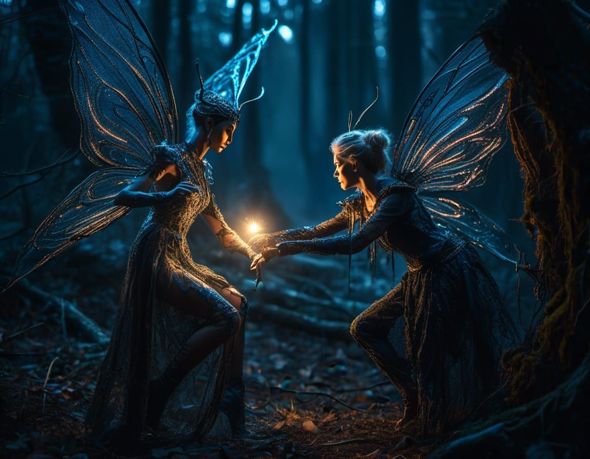 Fairies Clash in Bioluminescent Dark Woods