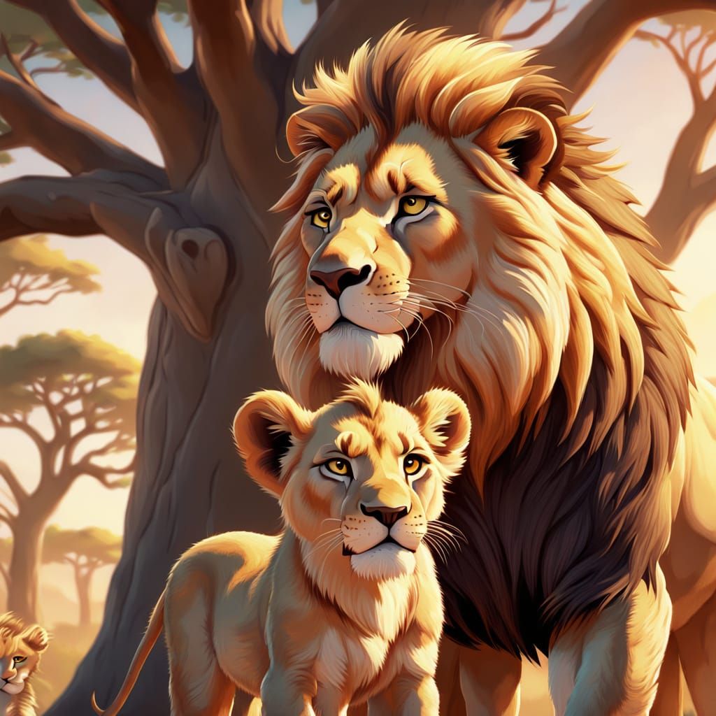 Cartoon Realism Lion and Cub in Golden Sunlight