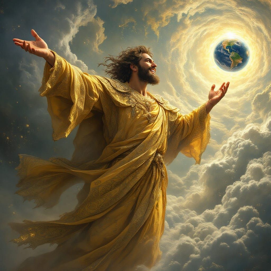 Divine Creator God Extends Heavenly Blessing in Golden Robe
