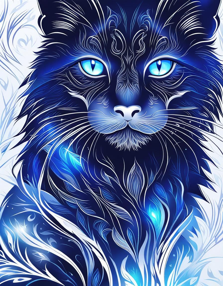 Vibrant Portrait of Black Feline with Blue Aura