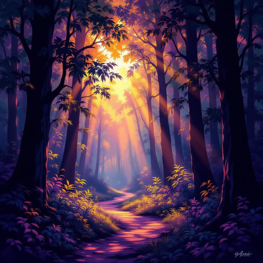 Luminous Impressionist Forest with Radiant Light