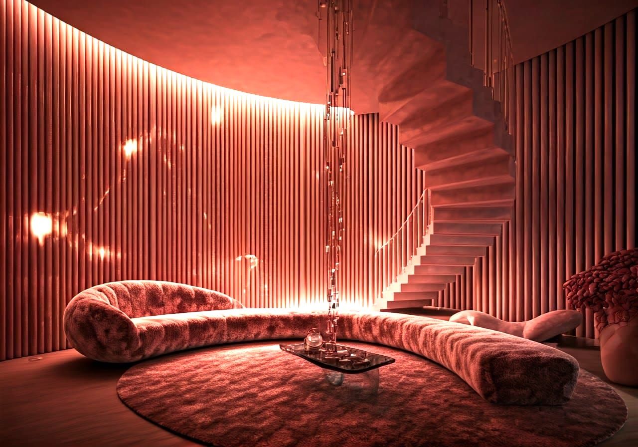 Space Age Living Room with Waterfall Feature