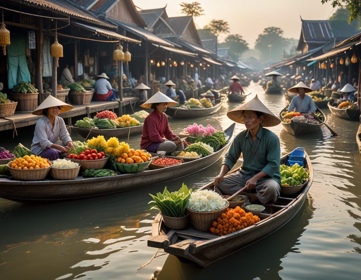 Bustling Thai Floating Market in Morning Light