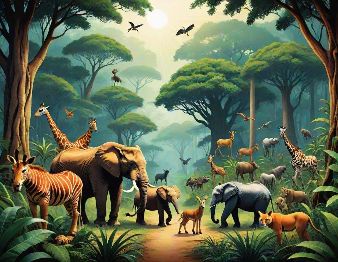 African forest, multi animals,