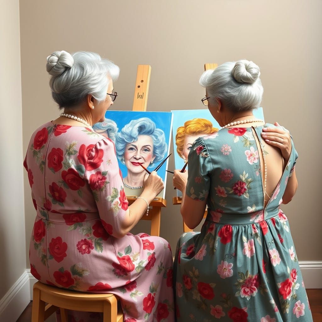 Two Elegantly Dressed Ladies Paint Portraits in a Soft Impre...