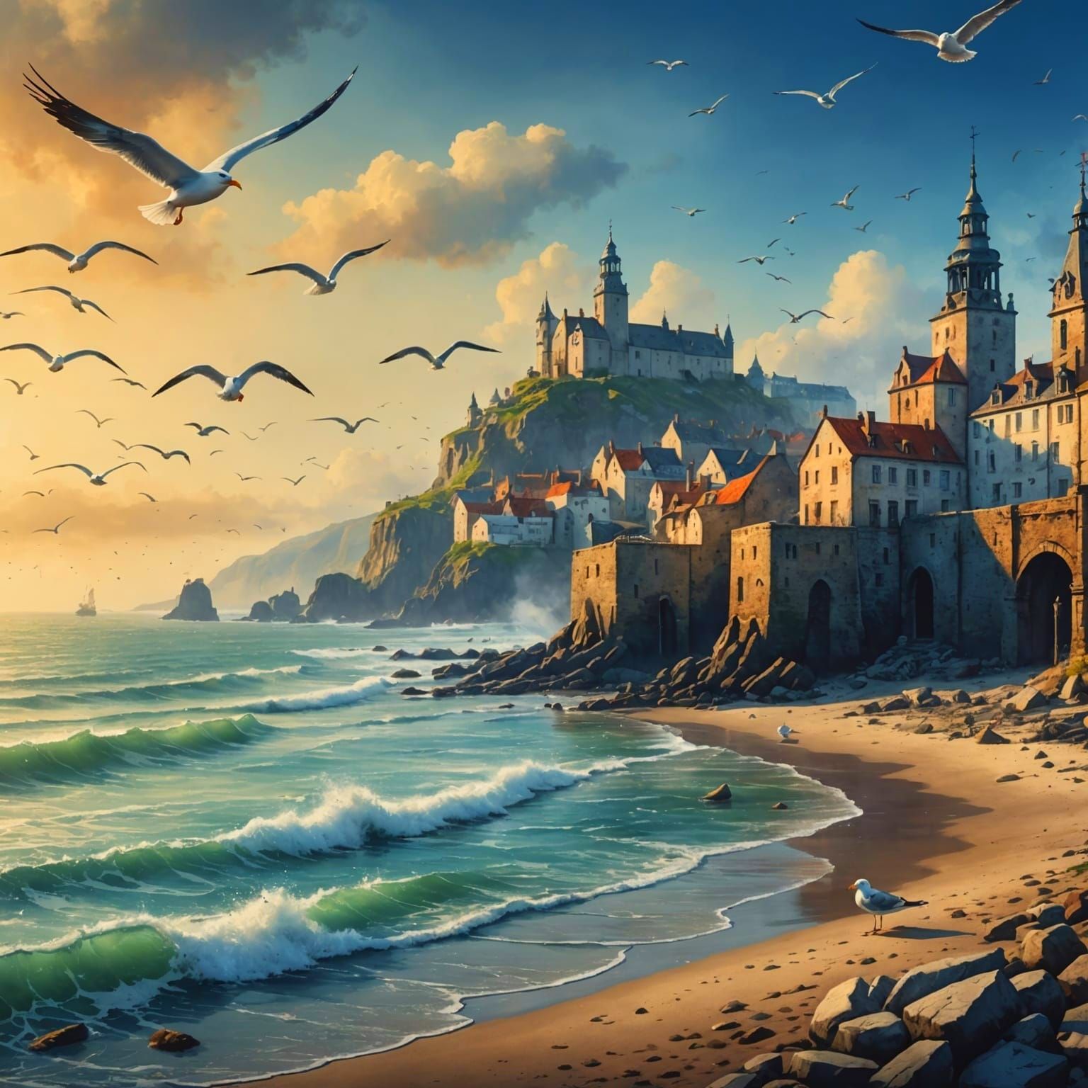 Seagulls on Shore: Modern Watercolor Painting