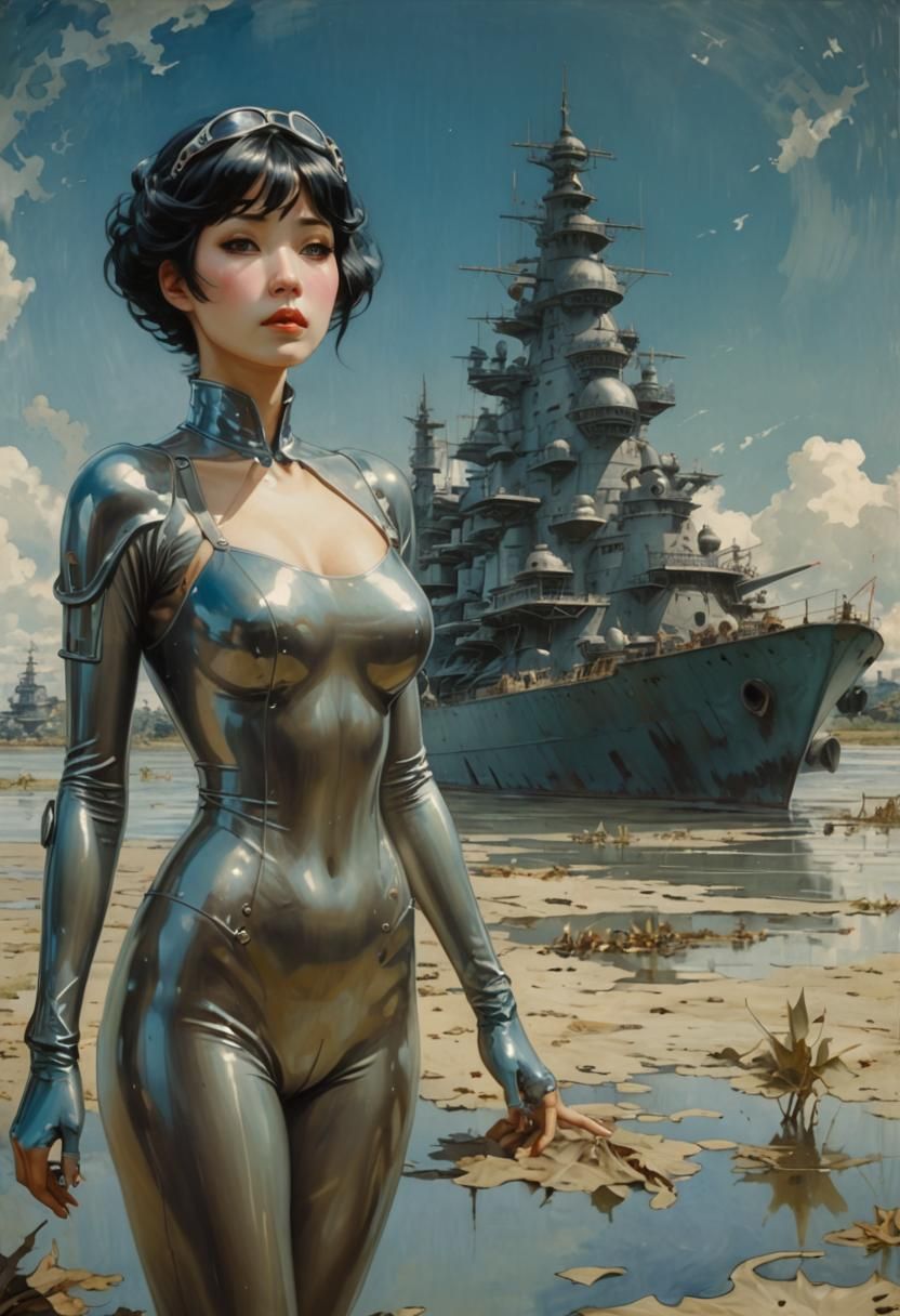 Woman in Latex Suit with Battleship, Art Nouveau