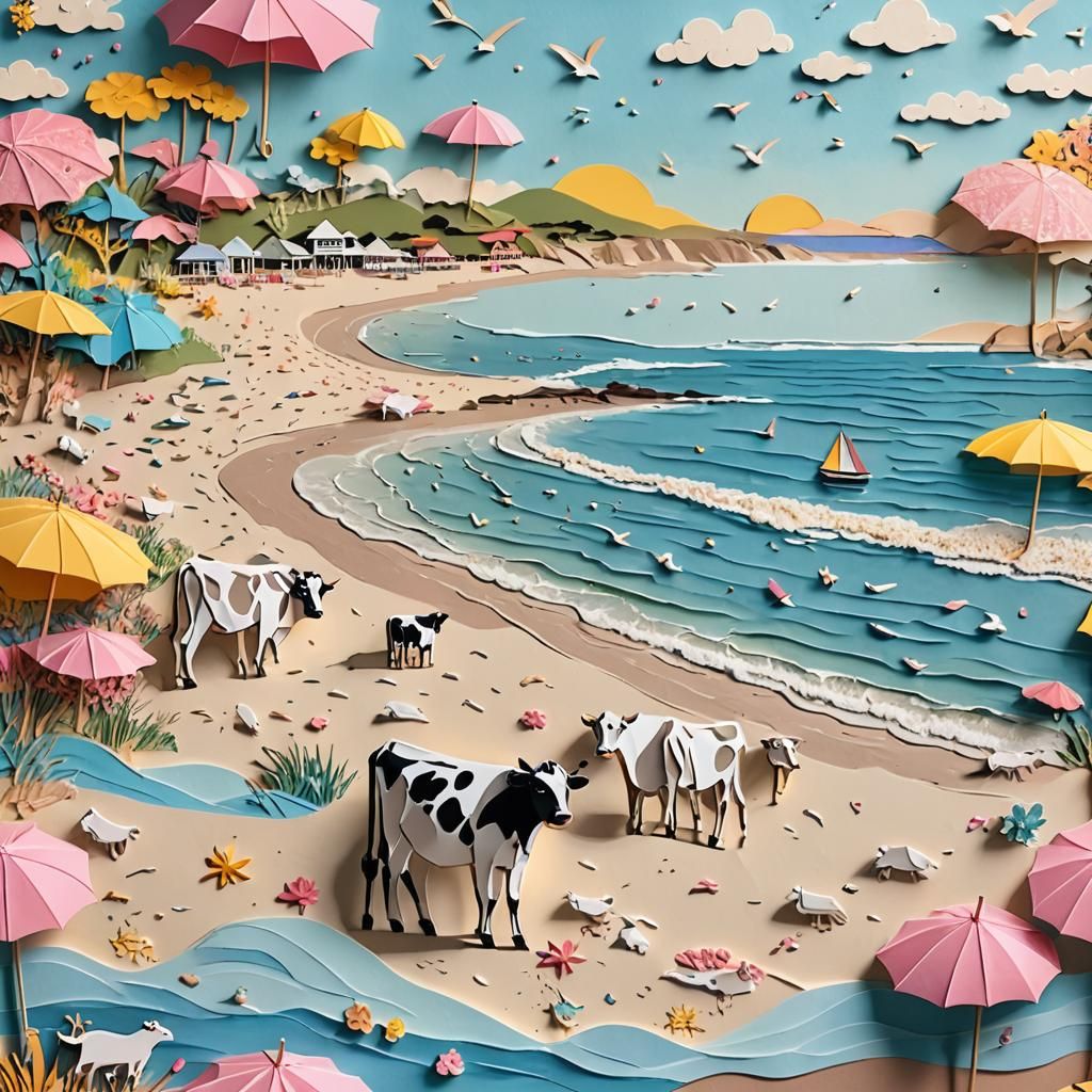 Cows Grazing on Sunny Beach as Layered Paper Art