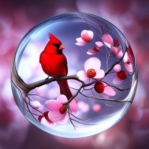 Cardinal in Glass Sphere: Anime-Style 3D Render