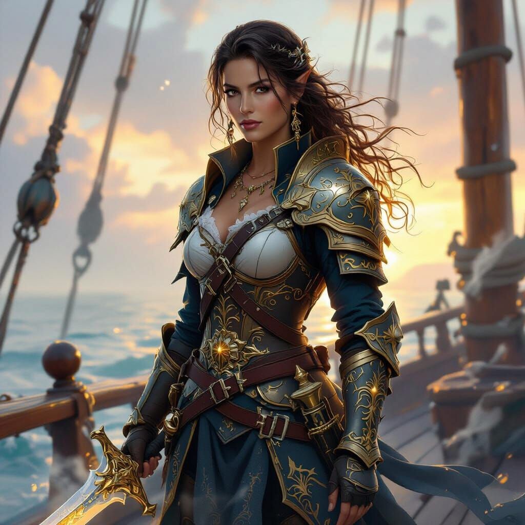 Half Elf Paladin Pirate on Ship Deck at Dawn