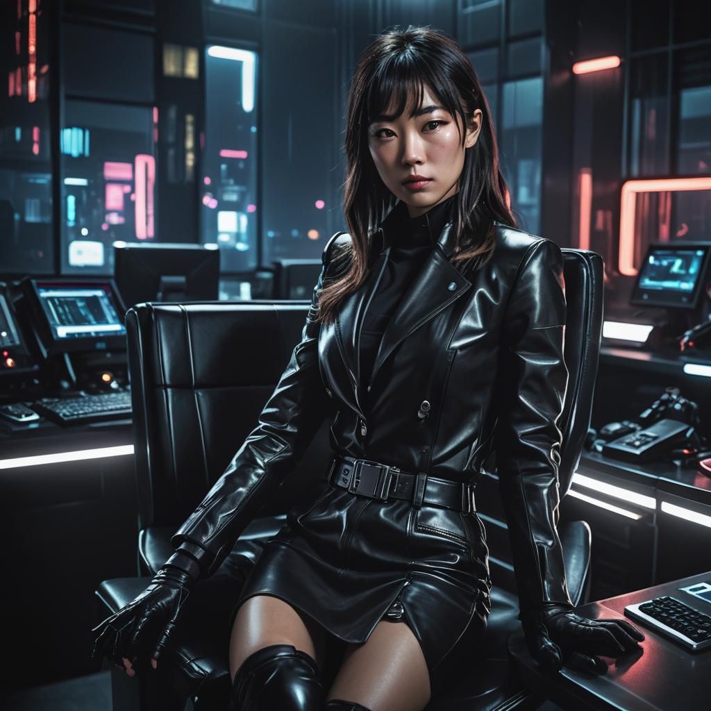 Cyberpunk CEO Portrait in Black Leather Suit