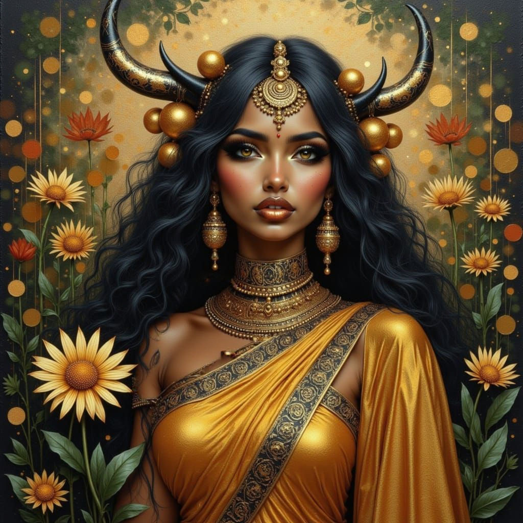Indian Goddess with Cow Horns in Art Nouveau Style