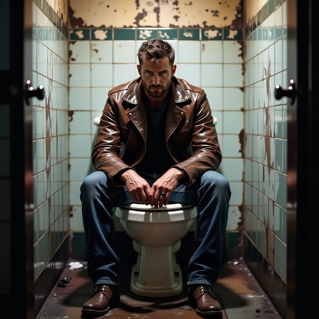 Gritty Man in Leather Sits on Vintage Toilet