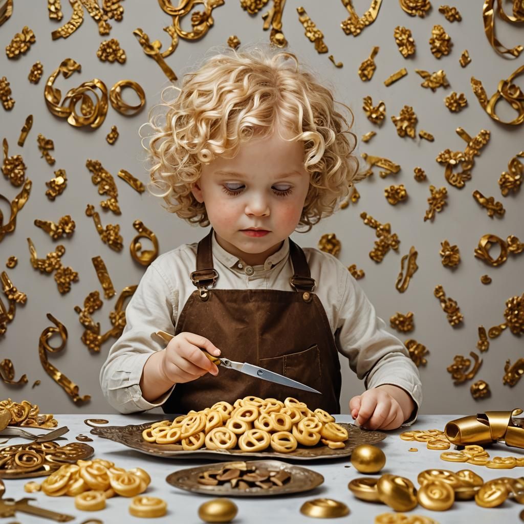 Boy with Curls and Scissors in Antique Gold Style