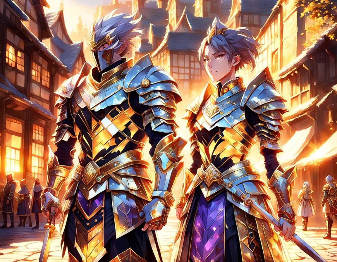 An elegant male and female warrior standing heroically next ...