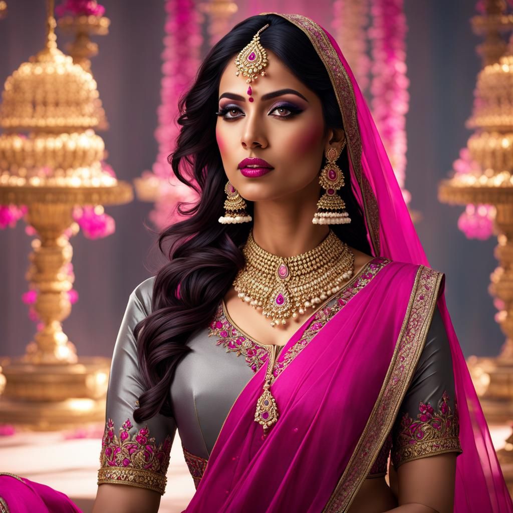 Indian Woman in Pink and Gold Embroidered Sharara