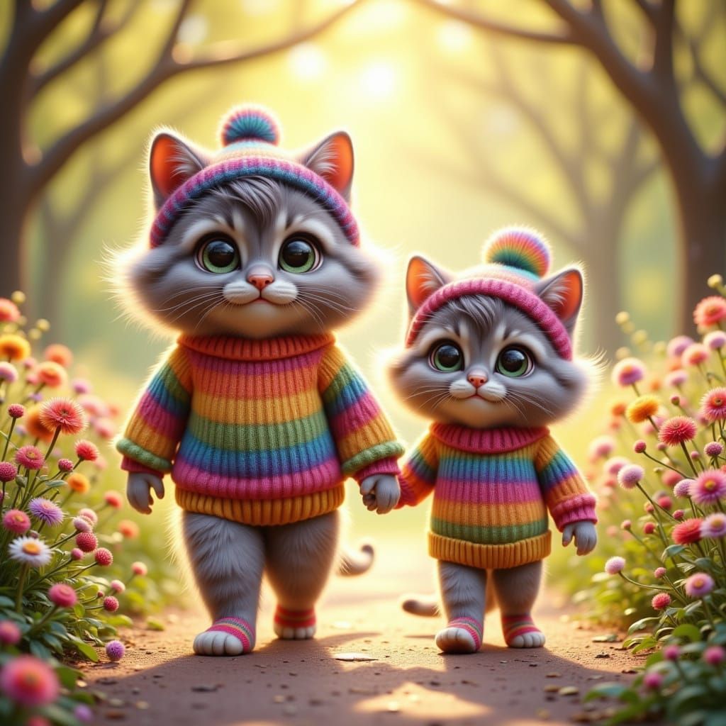 Anthropomorphic Cat and Human in Matching Rainbow Outfits