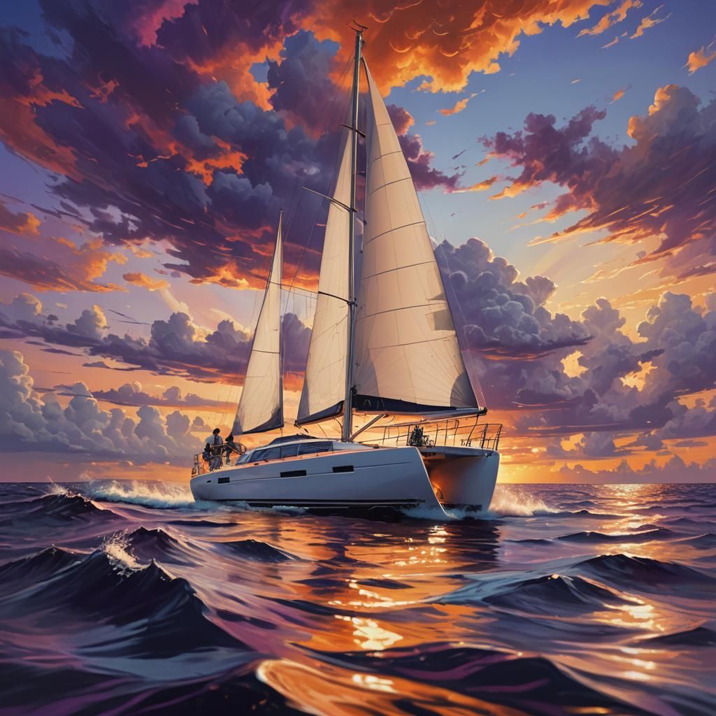 Yacht Sails into Sunset in Hyperrealistic Splash Art