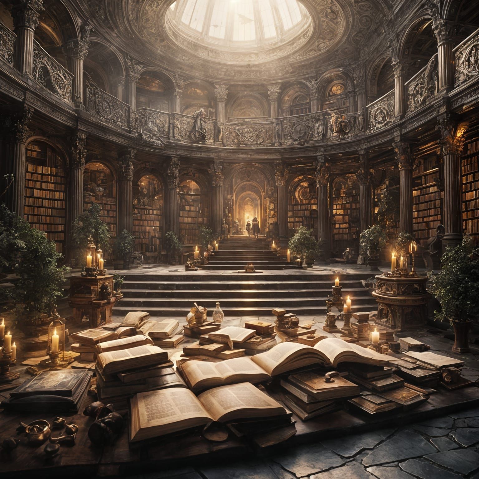 Celestial Library with Floating Books in Ethereal Light