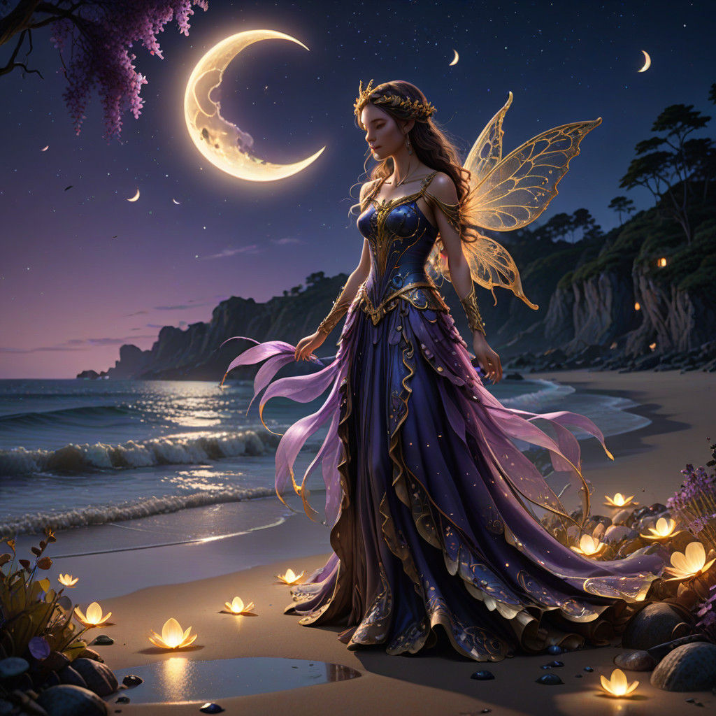 Whimsical Moonlit Fairy Amidst Glowing Beach Scene