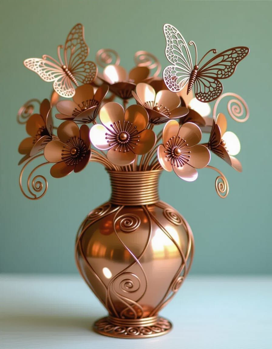 Copper Wire Vase with Flowers and Butterfly Sculpture
