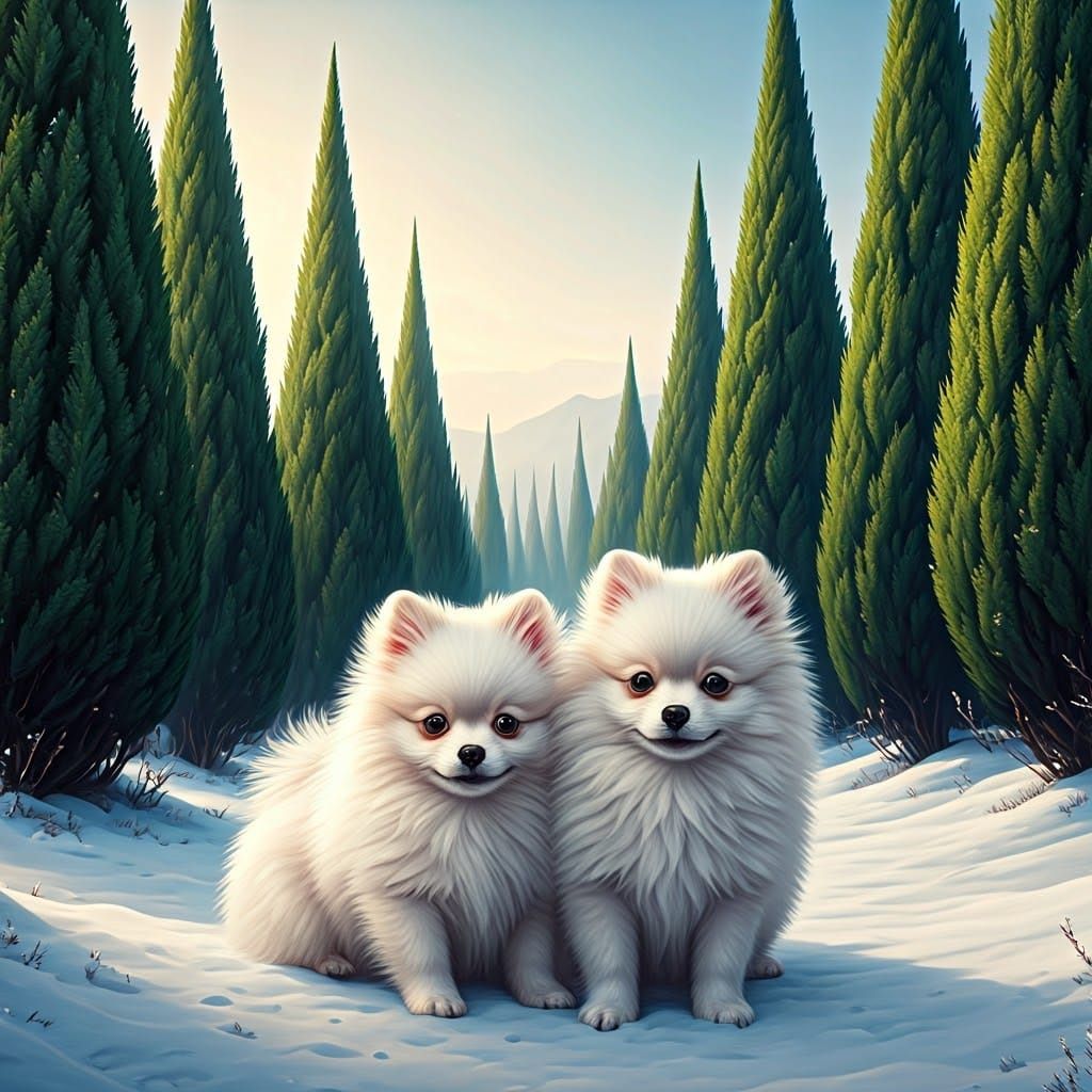 Pomeranians in Snowy Forest: Fantasy Matte Painting