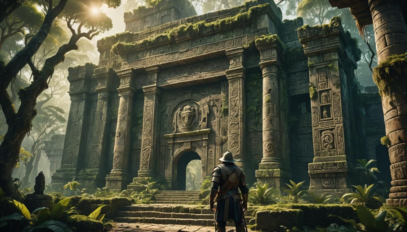Conquistador at Mayan Temple Ruins in Jungle