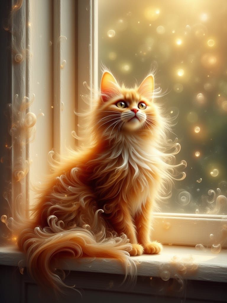 Ginger Cat on Sunlit Windowsill in Impressionistic Style