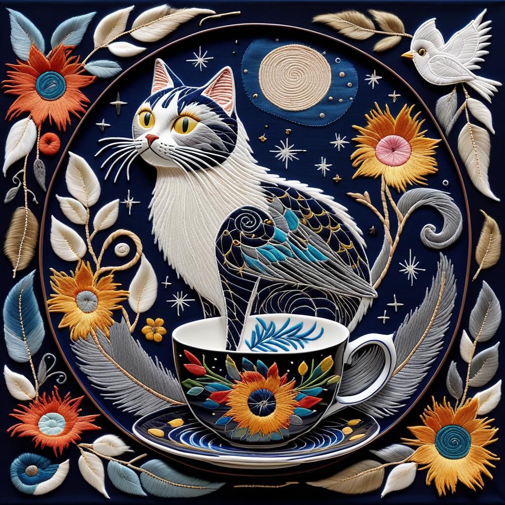 Embroidered Bird, Cats, and Starry Night in Surreal Style