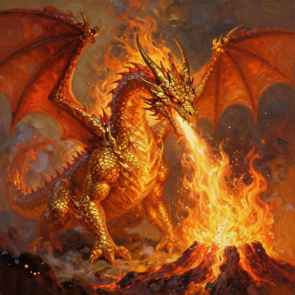 Majestic Fire Dragon in Impasto Oil Style
