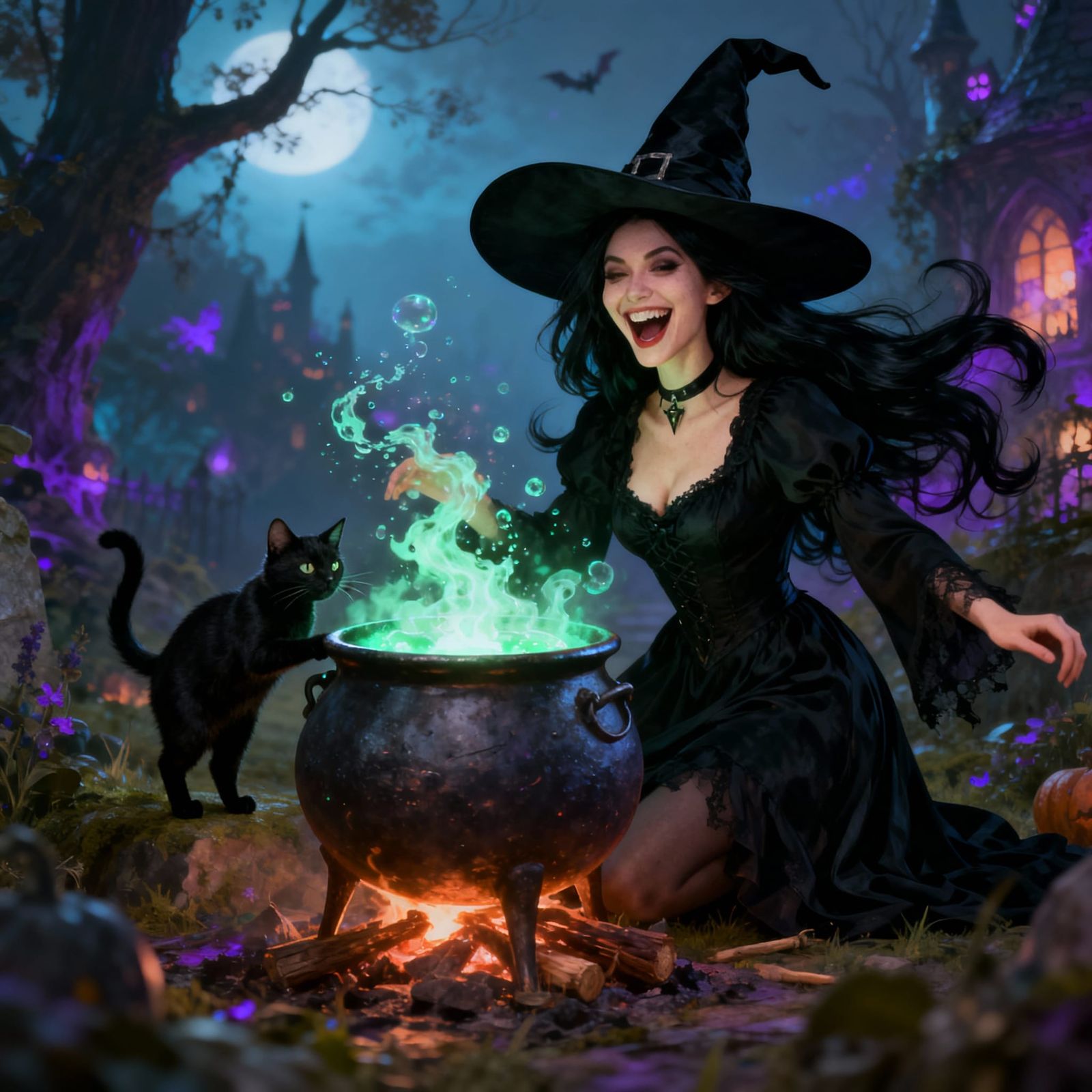 Fantasy Witch and Cat by Bubbling Cauldron