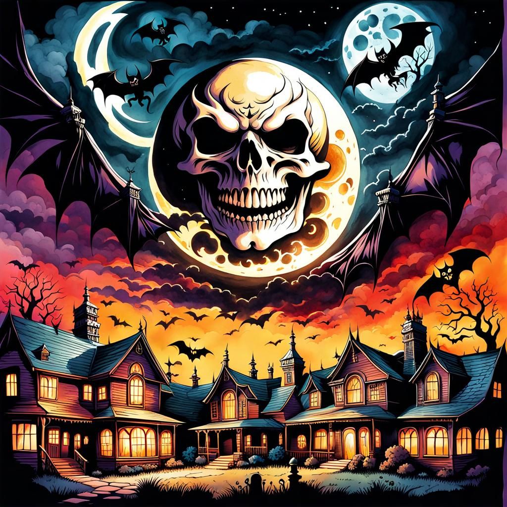 Sinister Haunted House with Devil Face, Watercolor