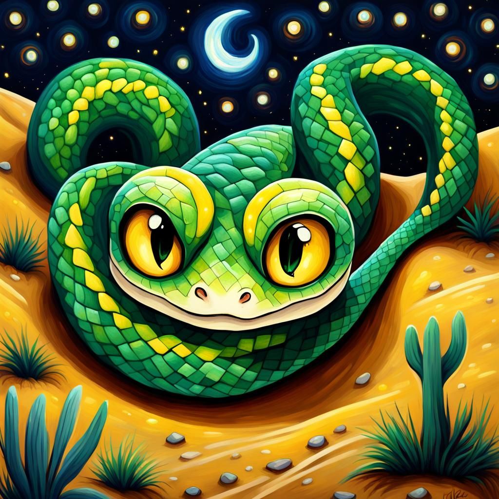 Chibi Snake in Starry Desert Night, Expressionist Oil Painti...